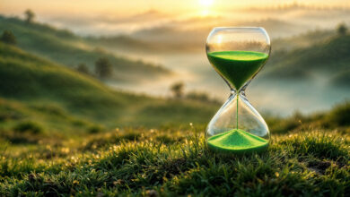 Zandloper geplaatst in een groen golvend landschap met mist en zonlicht, symboliserend het ritme van aanwezigheid en belichaamd bewustzijn